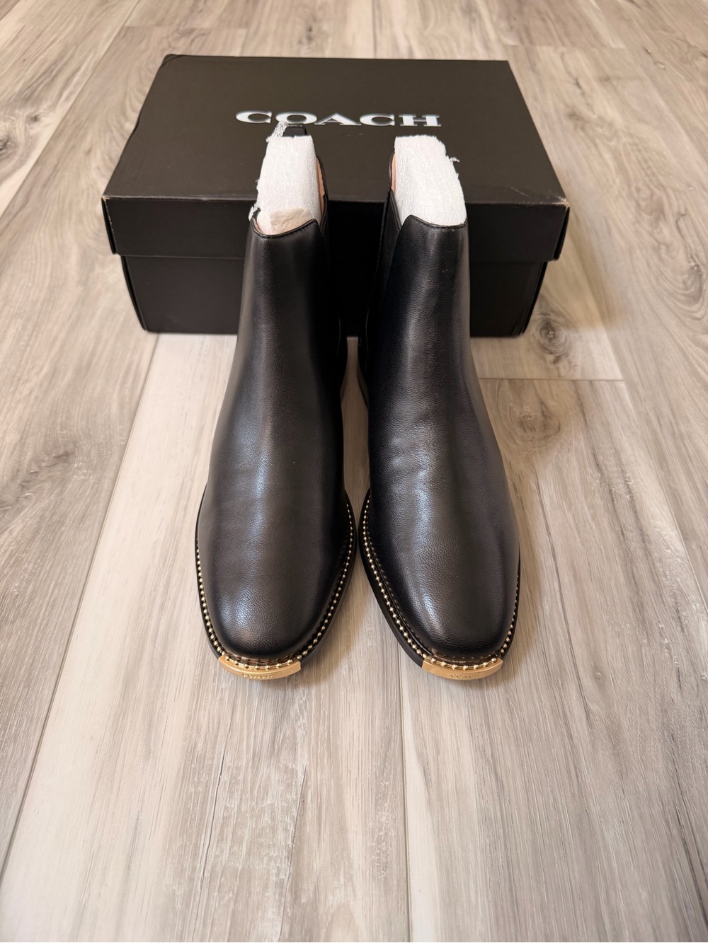 Coach Nichole Leather Chelsea Booties Black Gold Toe 9.5B NIB G5361